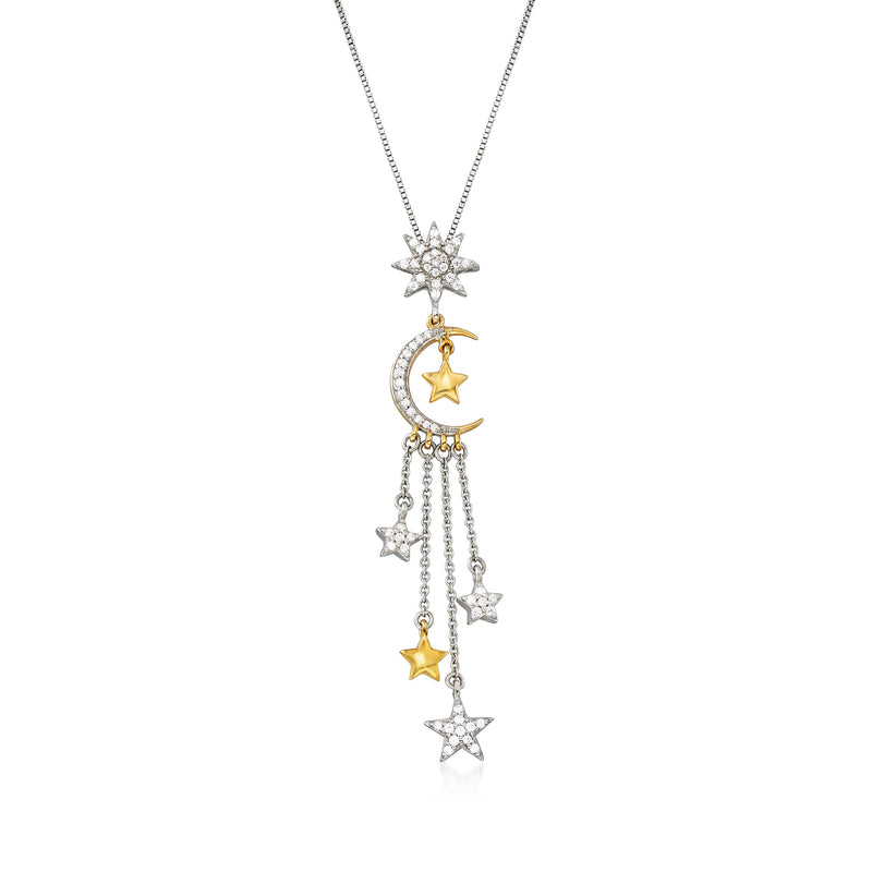 Moon and star pendant necklace in sterling silver with gold star accents and dangling charms