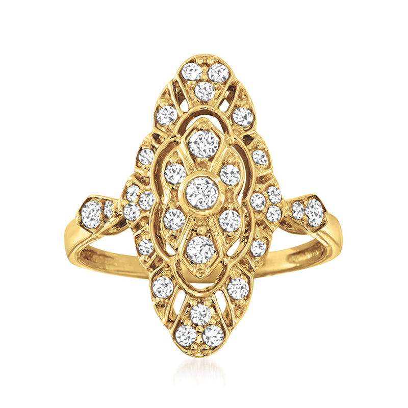 14kt yellow gold openwork diamond ring with oval lattice and round stones