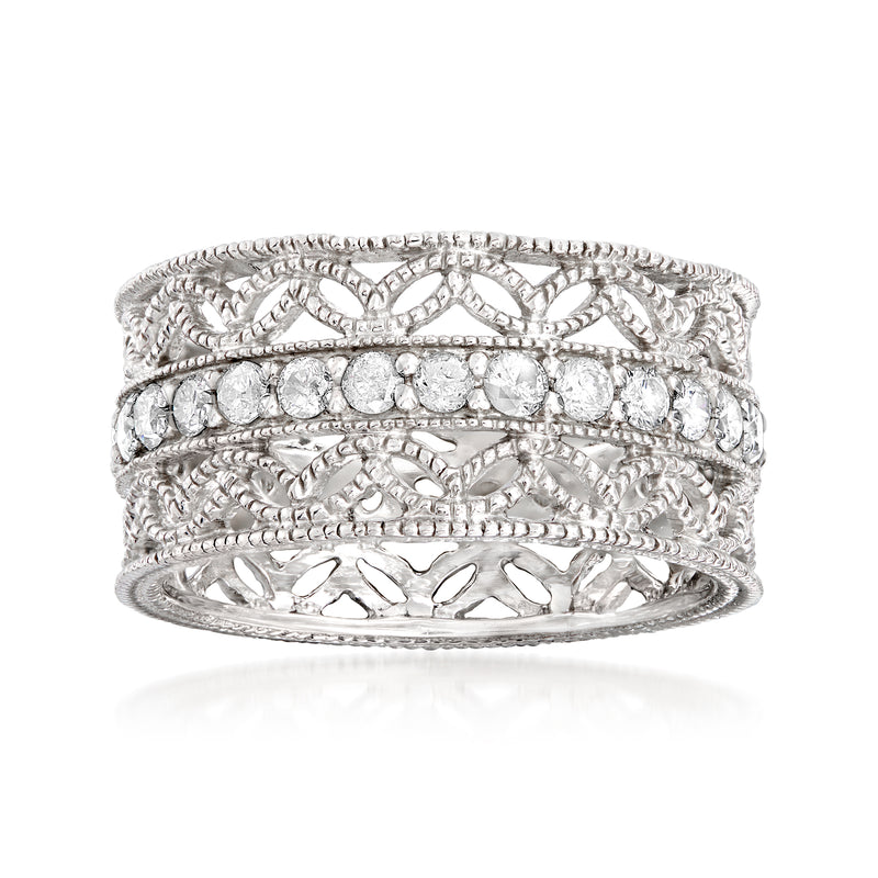 Sterling silver diamond floral eternity band ring with round stones and carved filigree