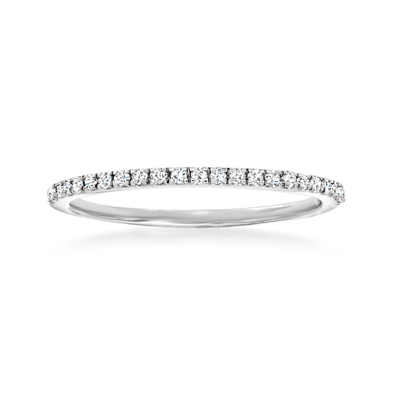 14kt white gold diamond stackable ring with small round stones across the band