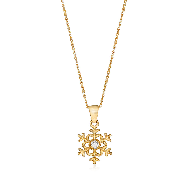 Yellow gold snowflake pendant necklace for kids, CZ center stone on fine chain