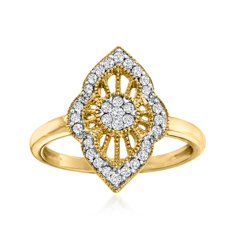 18kt gold over sterling diamond cluster ring, round center halo, square diamond frame