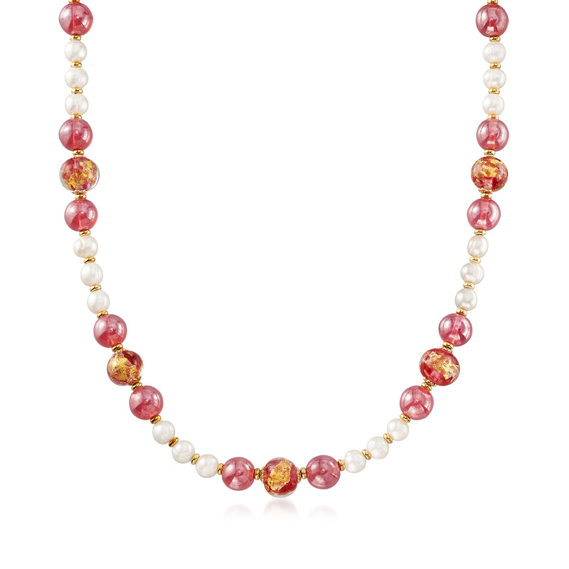 Gold over sterling necklace with pink pearls and multicolored Murano glass bead drops