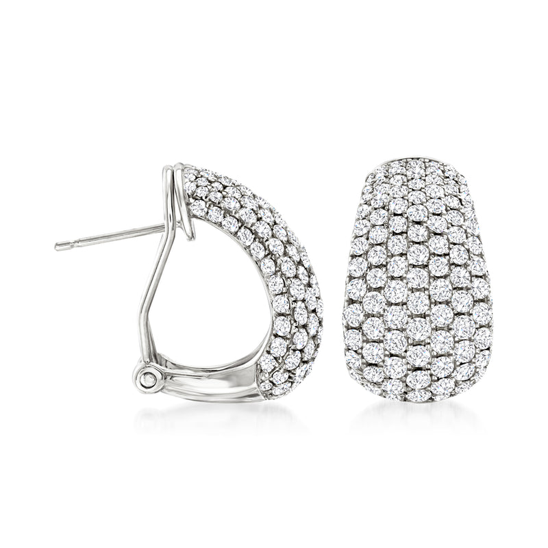 Pave diamond earrings in 14kt white gold, shown front and side views
