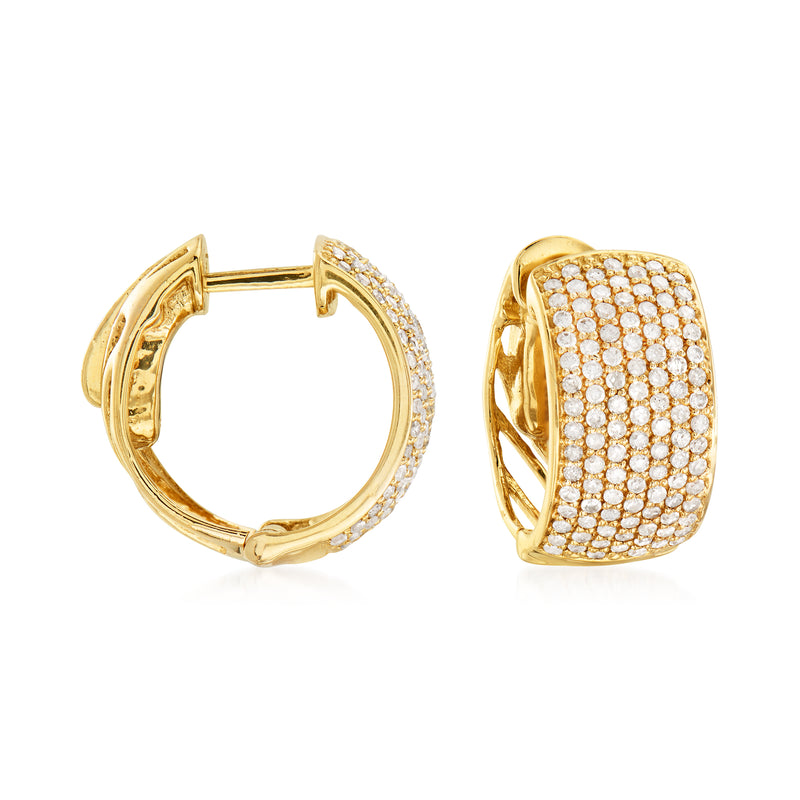 Pave diamond hoop earrings in 14kt yellow gold, hinged closure