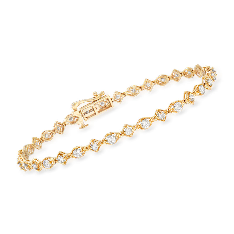 14kt yellow gold diamond alternating bracelet with linked rectangular and round stones