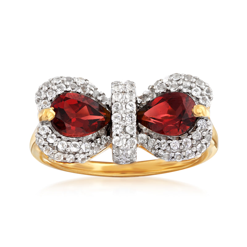 Garnet bow ring with two red oval stones, white topaz halo, 18kt gold over sterling band