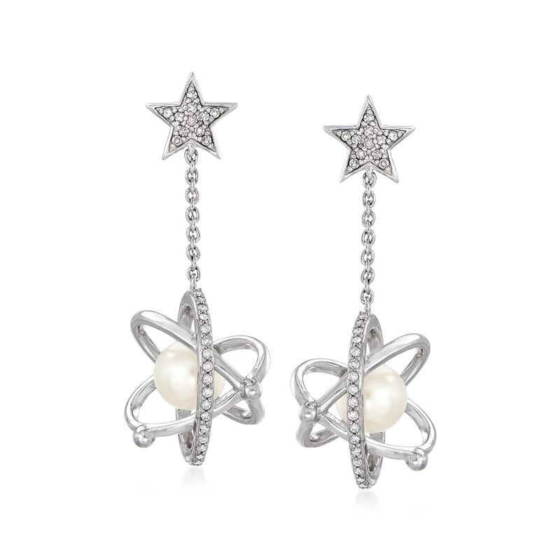 Sterling silver drop earrings with star tops, dangling chain, and cultured pearl accents