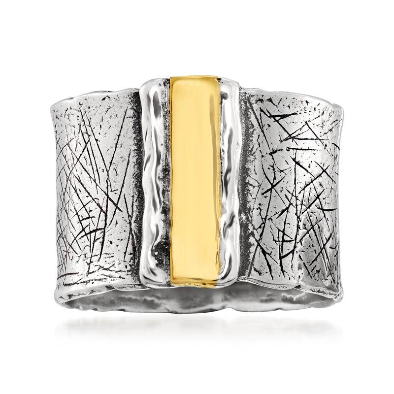 Wide sterling silver ring with etched pattern and 14kt yellow gold center panel