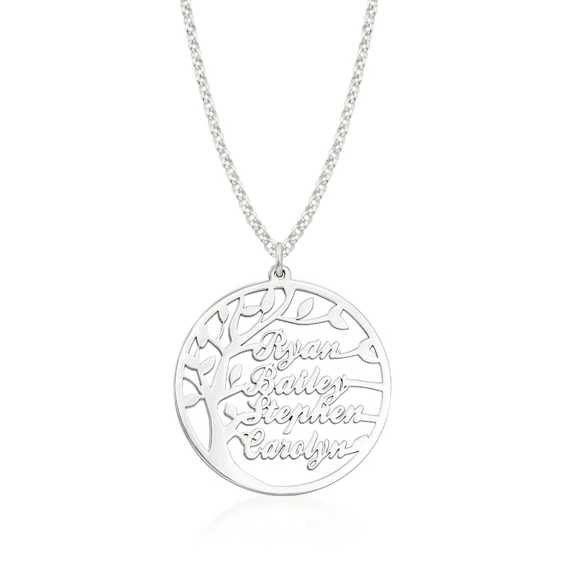 Sterling silver round family tree necklace pendant with engraved names on chain