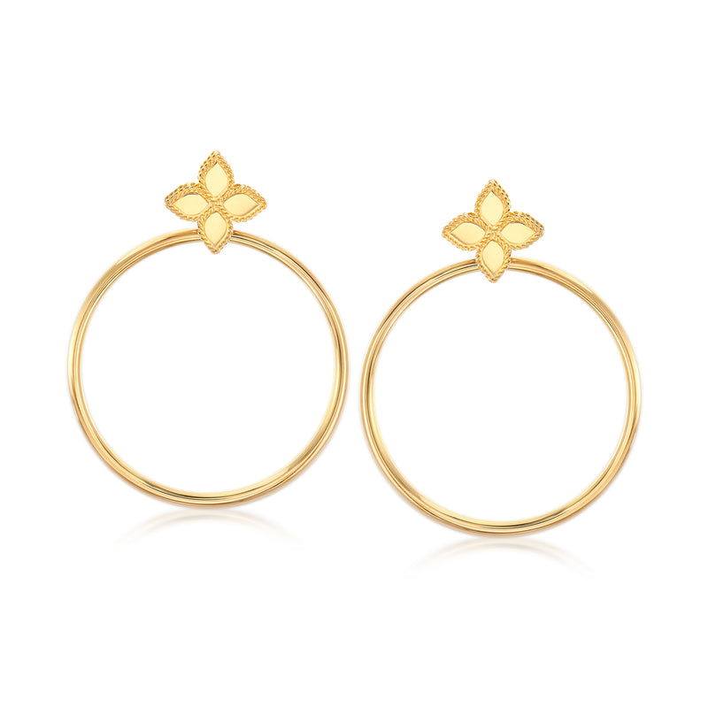 18kt yellow gold hoop drop earrings with flower circle detail