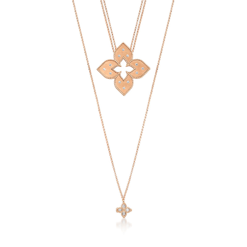18kt rose gold diamond flower double chain pendant necklace