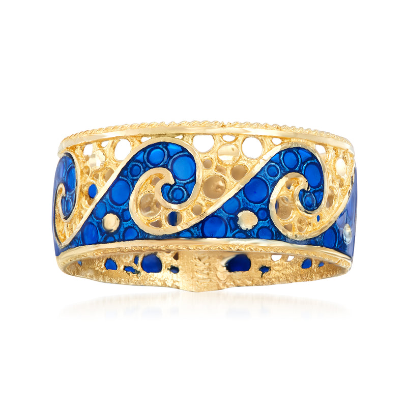 14kt yellow gold wave ring with blue enamel scrollwork and open lattice band