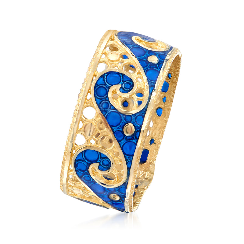 Yellow gold wave ring with blue enamel panels and ornate scroll motifs