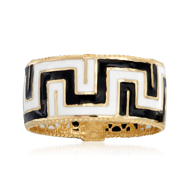 14kt yellow gold enamel Greek key ring with black and white patterned front