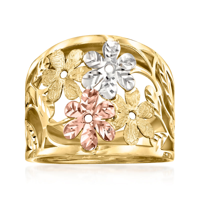 Tri-colored gold floral ring with pink and white flower stones, polished band.