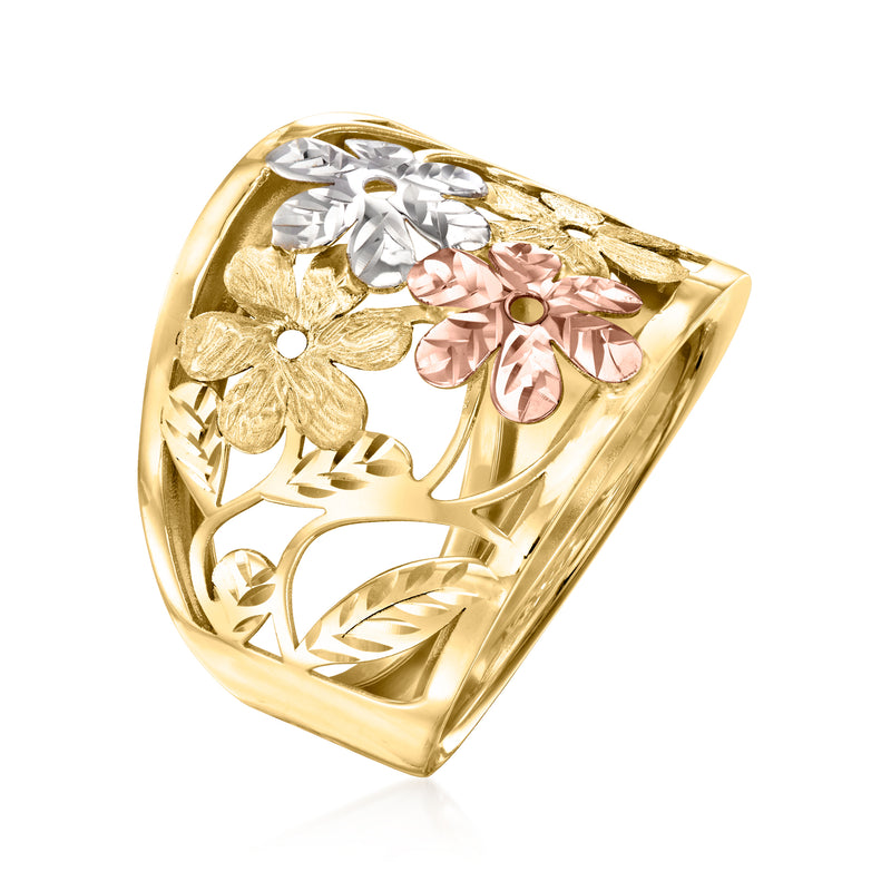 Tri-colored gold floral ring with engraved leaves and a pink/white flower stone cluster.