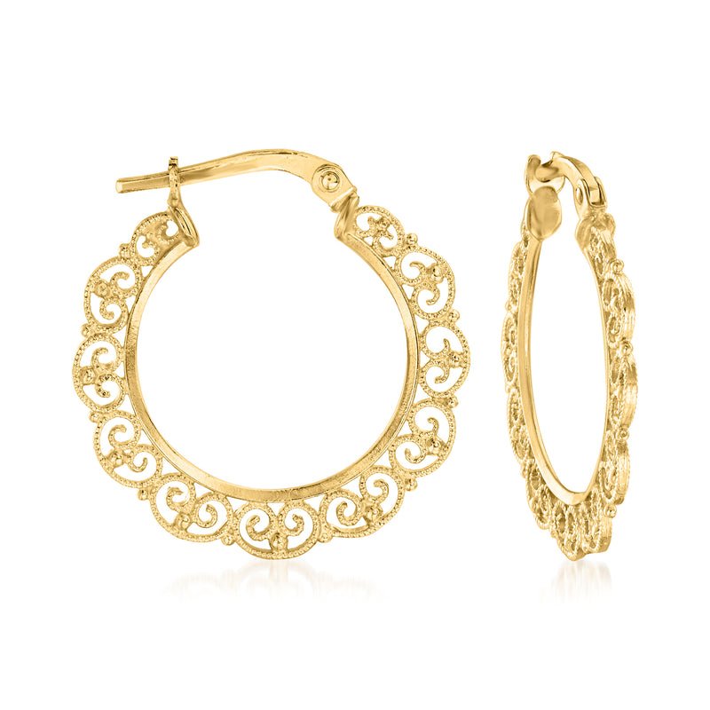 14k yellow gold filigree hoop earrings with ornate openwork design