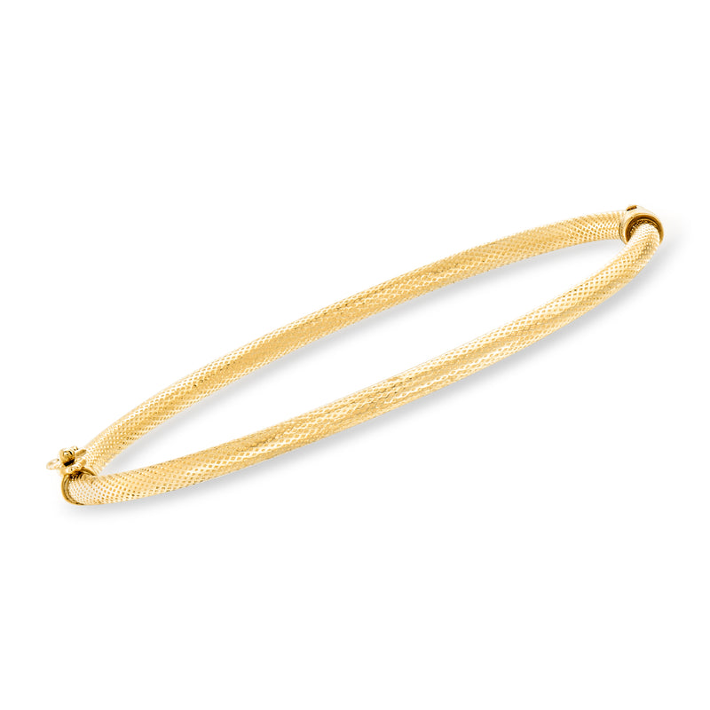 14kt yellow gold textured and polished bangle bracelet with mesh-like shine and clasp ends