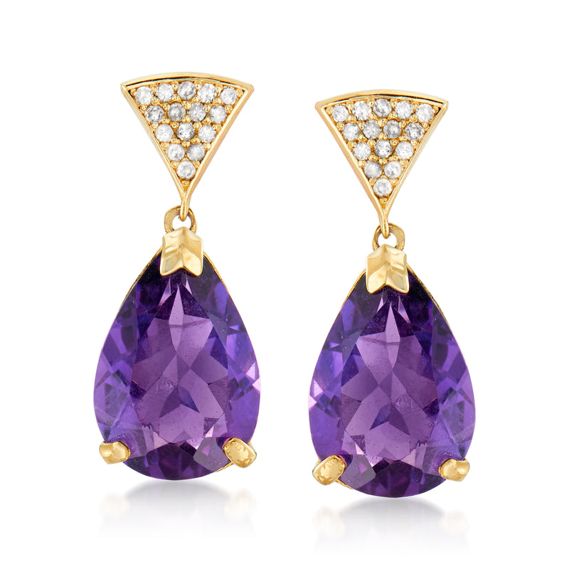 Amethyst and diamond drop earrings in 14kt yellow gold, purple teardrop with diamond top