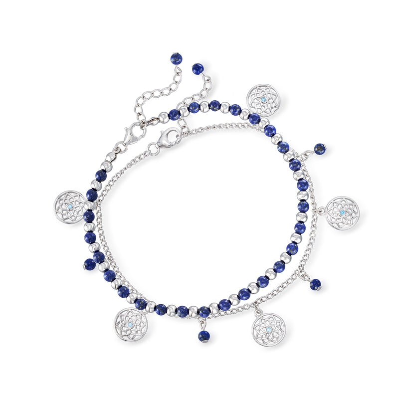 Sterling silver charm anklet set with blue lapis-style beads and round charms