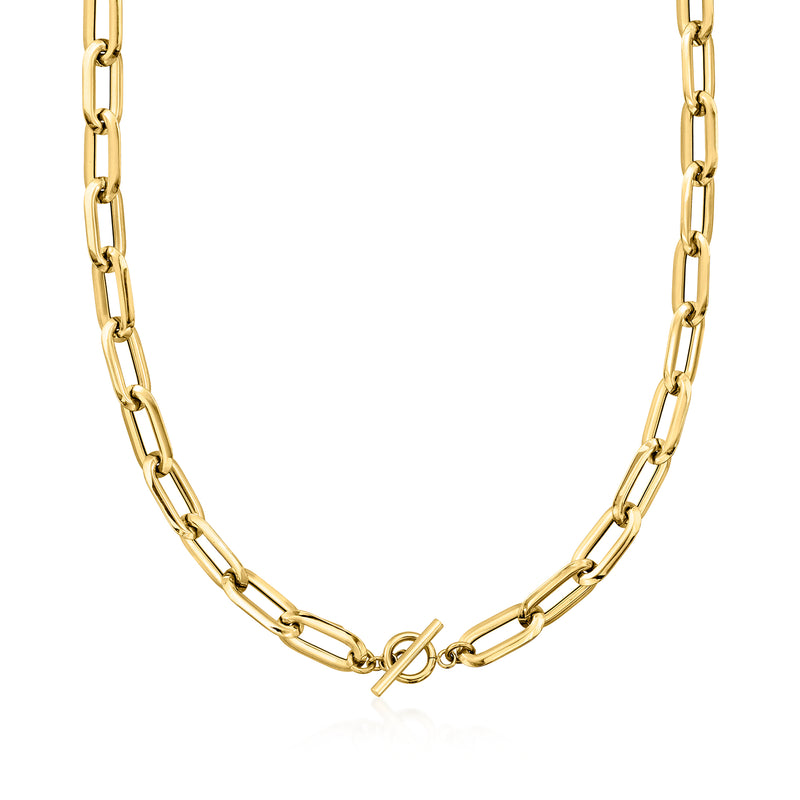 Yellow gold paperclip link necklace with oval toggle clasp, close-up front view
