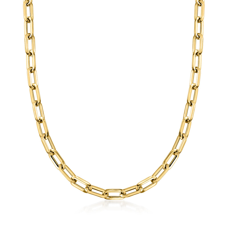 Yellow gold paperclip link necklace, close-up of chain links with oval clasp