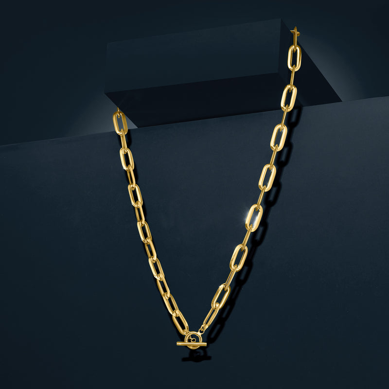 Yellow gold paperclip link necklace with toggle clasp, hanging display view