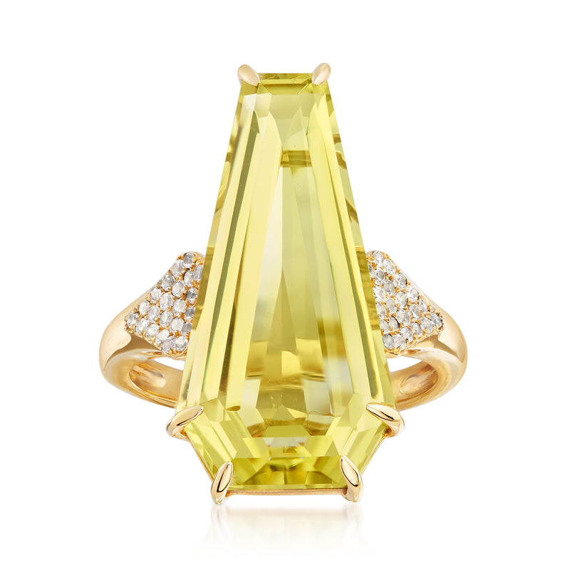 18kt gold over sterling ring with large lemon quartz center and white zircon side stones