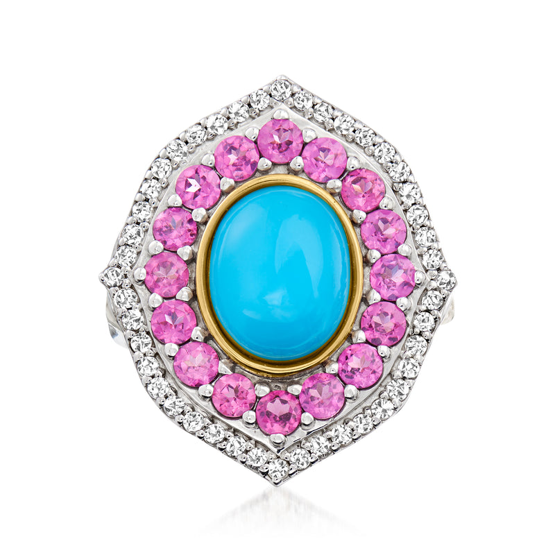 Two-tone sterling silver ring with turquoise oval center and pink gemstone halo