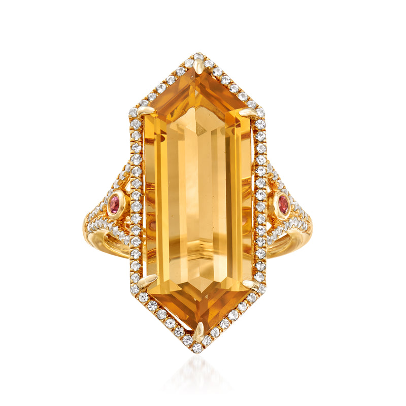 18k gold over sterling ring with large yellow quartz, diamond halo, pink tourmaline accents