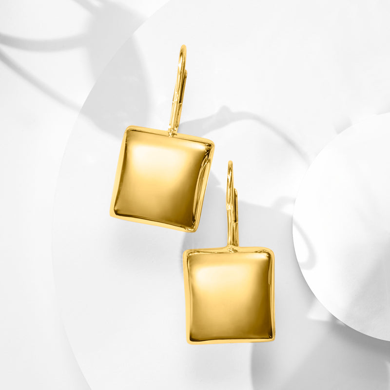 Gold-tone square drop earrings on vertical hooks, polished reflections