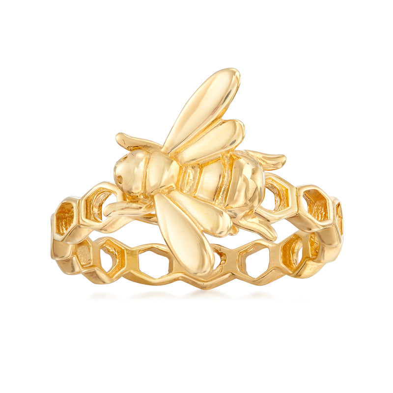 Gold over sterling honeycomb bumblebee ring with raised bee and textured band