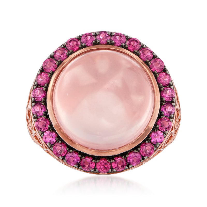 Rose gold halo ring with pink rose quartz center and pink rhodolite garnet side stones