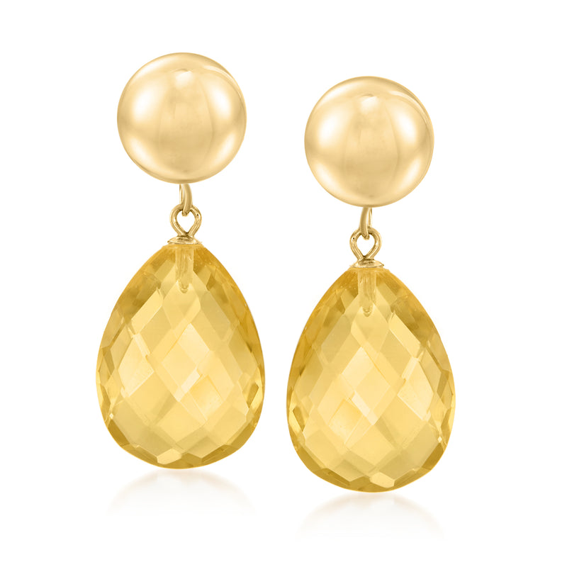 14kt yellow gold citrine drop earrings, round tops with pear-cut teardrop stones