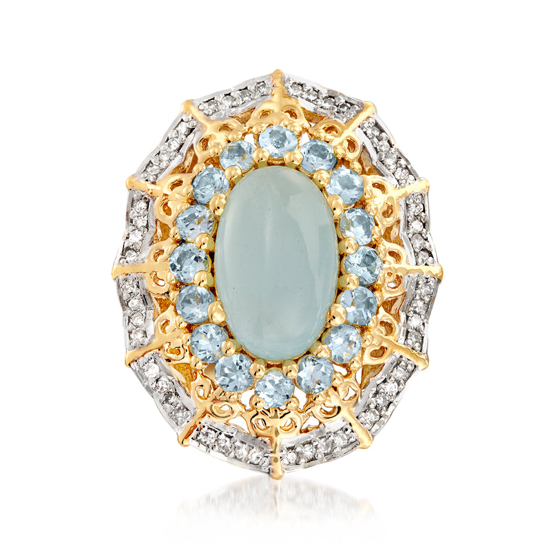 Oval aquamarine gemstone ring in 18kt gold over sterling with blue stones and diamonds