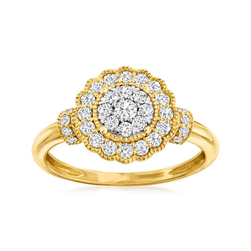 Diamond cluster ring in 14kt yellow gold with round halo and center diamond