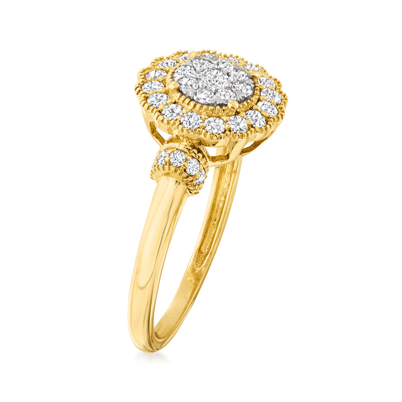 14kt yellow gold diamond cluster ring, split shank with round halo and center diamond