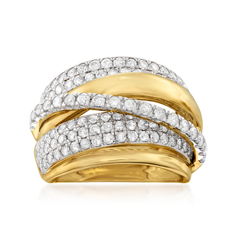 14kt yellow gold diamond highway ring with three overlapping bands and round-cut stones