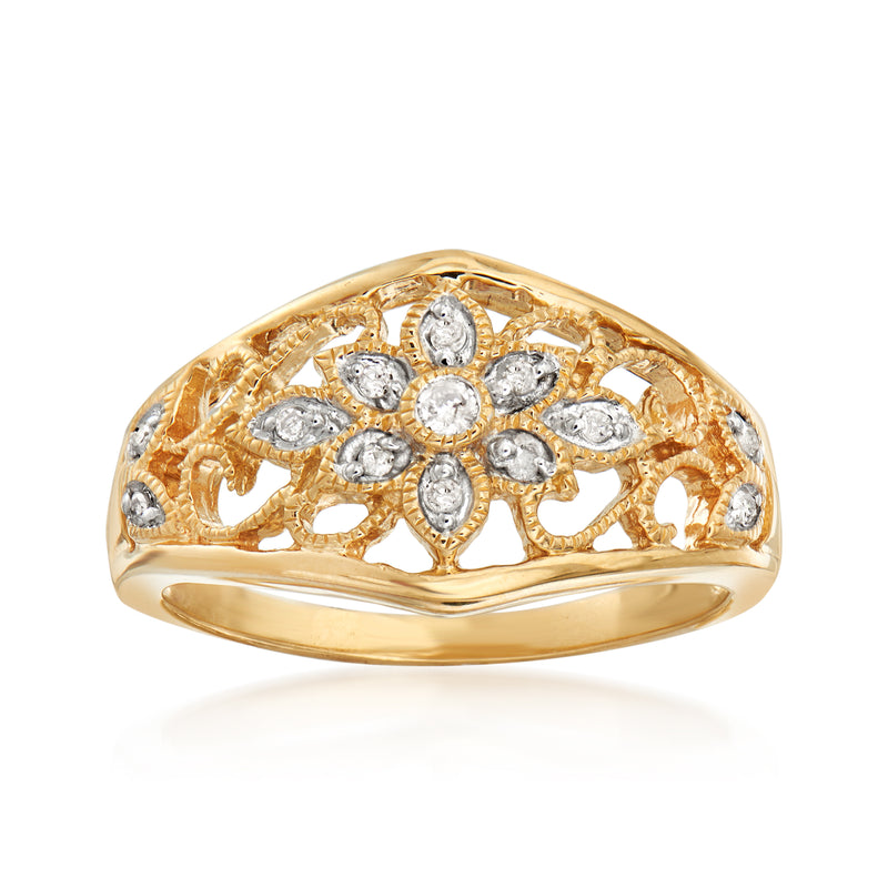 18kt gold over sterling diamond floral filigree ring with round stones
