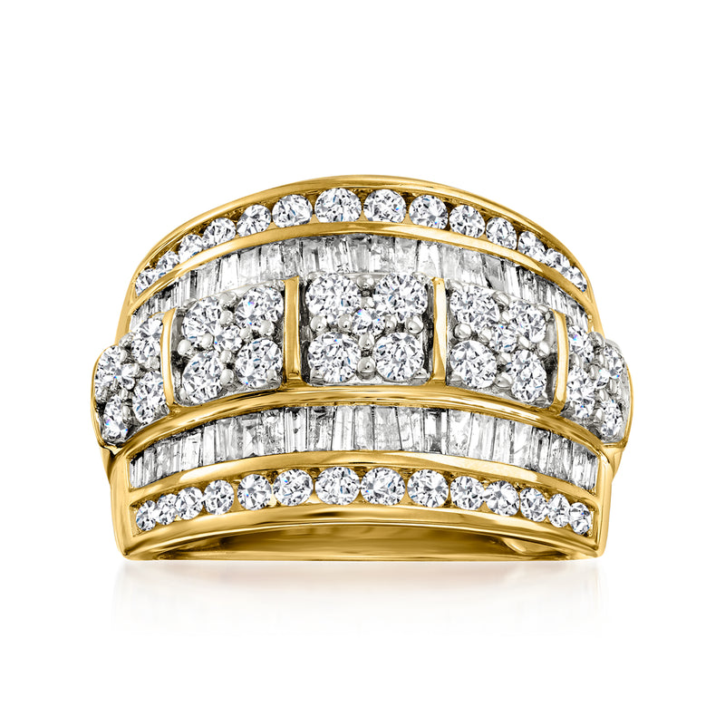 14k yellow gold diamond multi-row ring with round and baguette stones