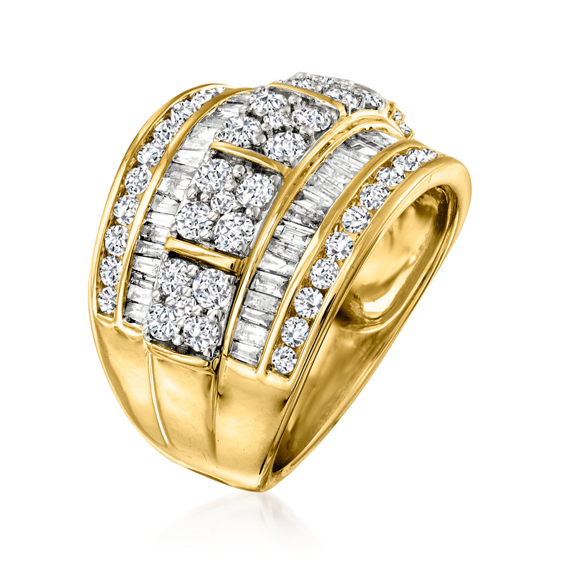 14k yellow gold diamond multi-row ring with baguette center and round outer stones
