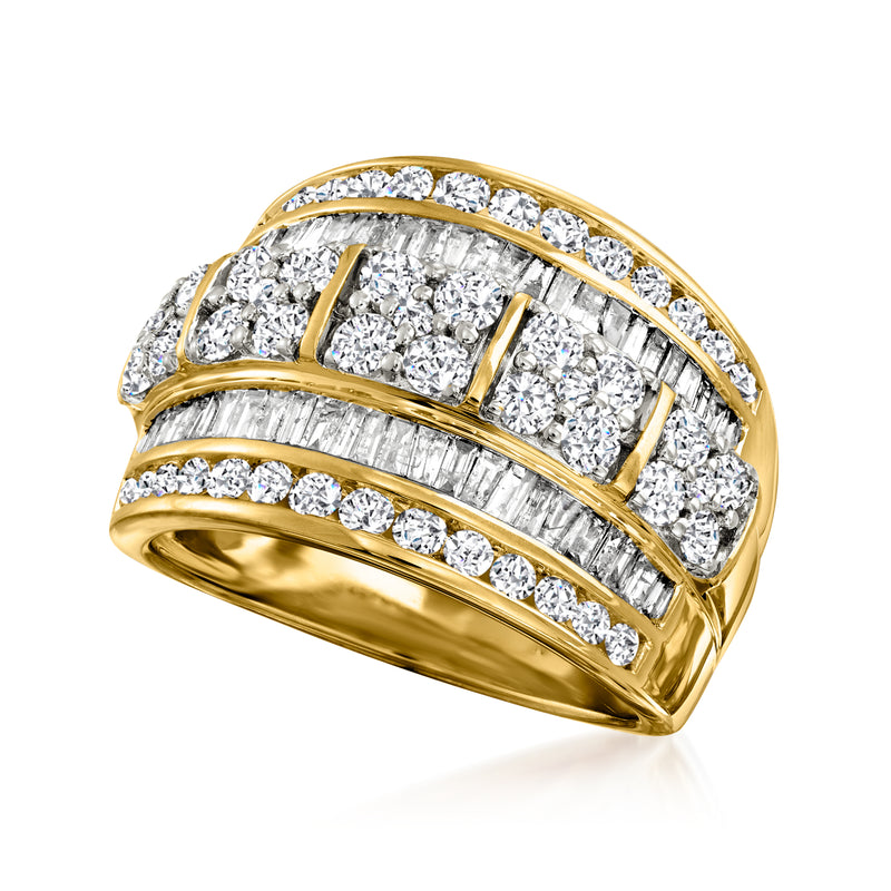 14k yellow gold diamond multi-row ring with baguette center rows and round accents