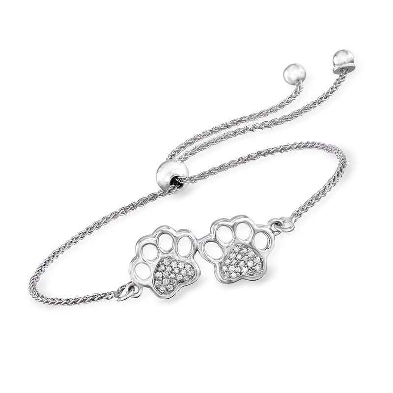 Sterling silver diamond paw print bolo bracelet with two crystal-like paw charms