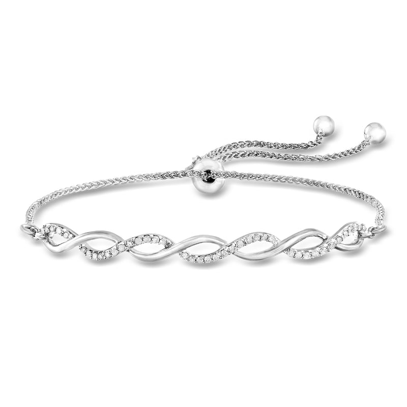 Sterling silver diamond bolo bracelet with twisted chain and linked oval settings