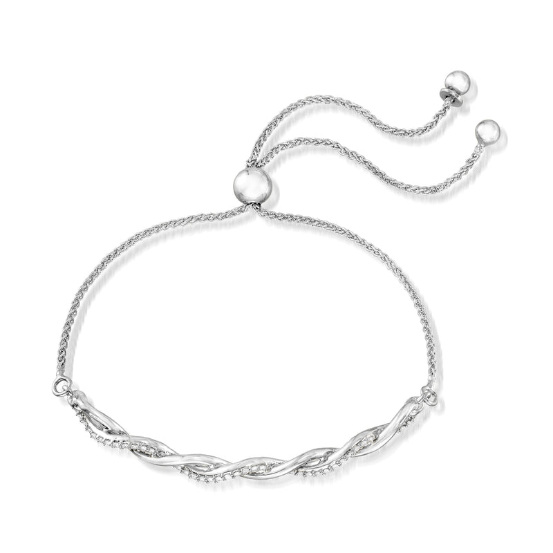 Sterling silver diamond bolo bracelet with oval link settings and two ball ends