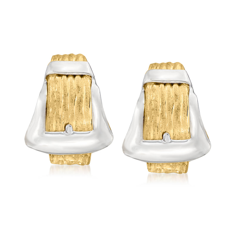 Two-tone gold buckle stud earrings with textured gold panel and silver frame