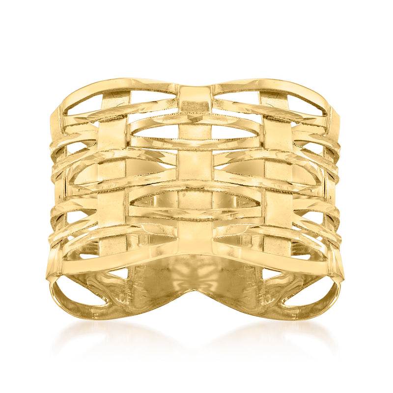 14kt gold openwork wide ring with woven geometric band