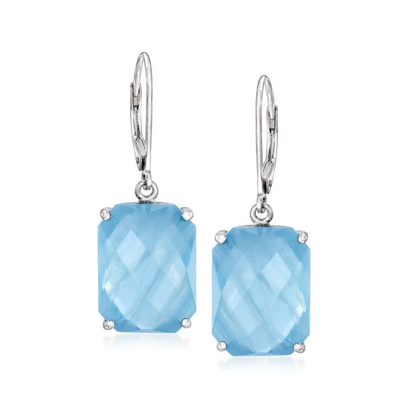 Sterling silver leverback drop earrings with light blue cushion-cut aquamarine