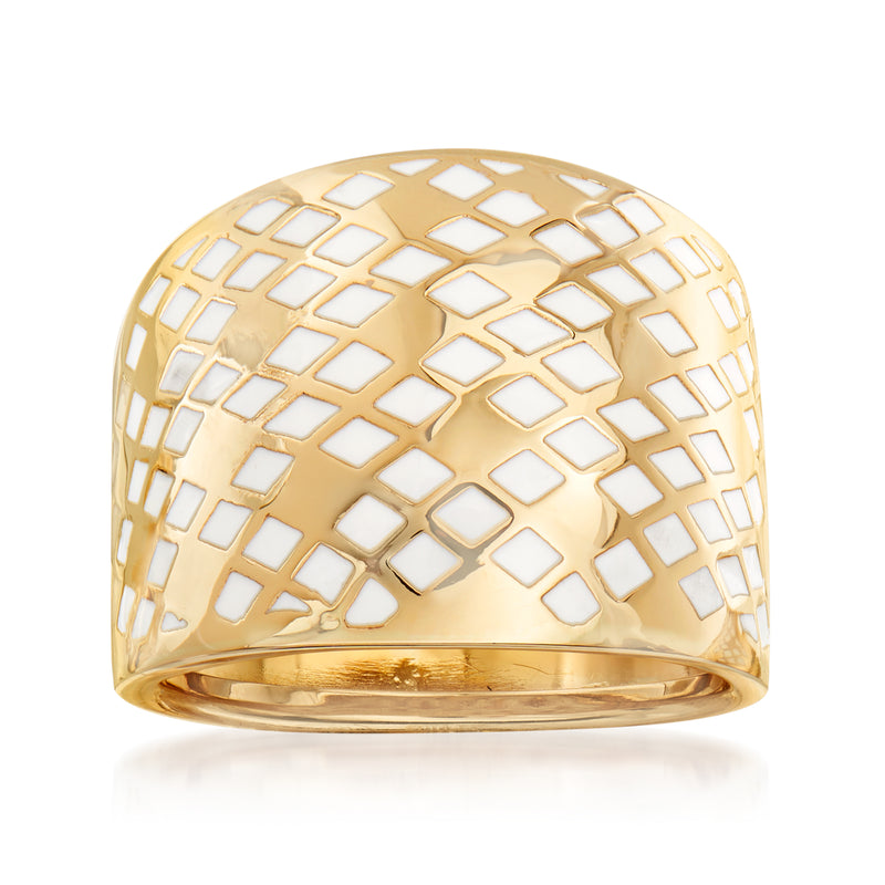14kt yellow gold dome ring with white enamel quilted lattice pattern